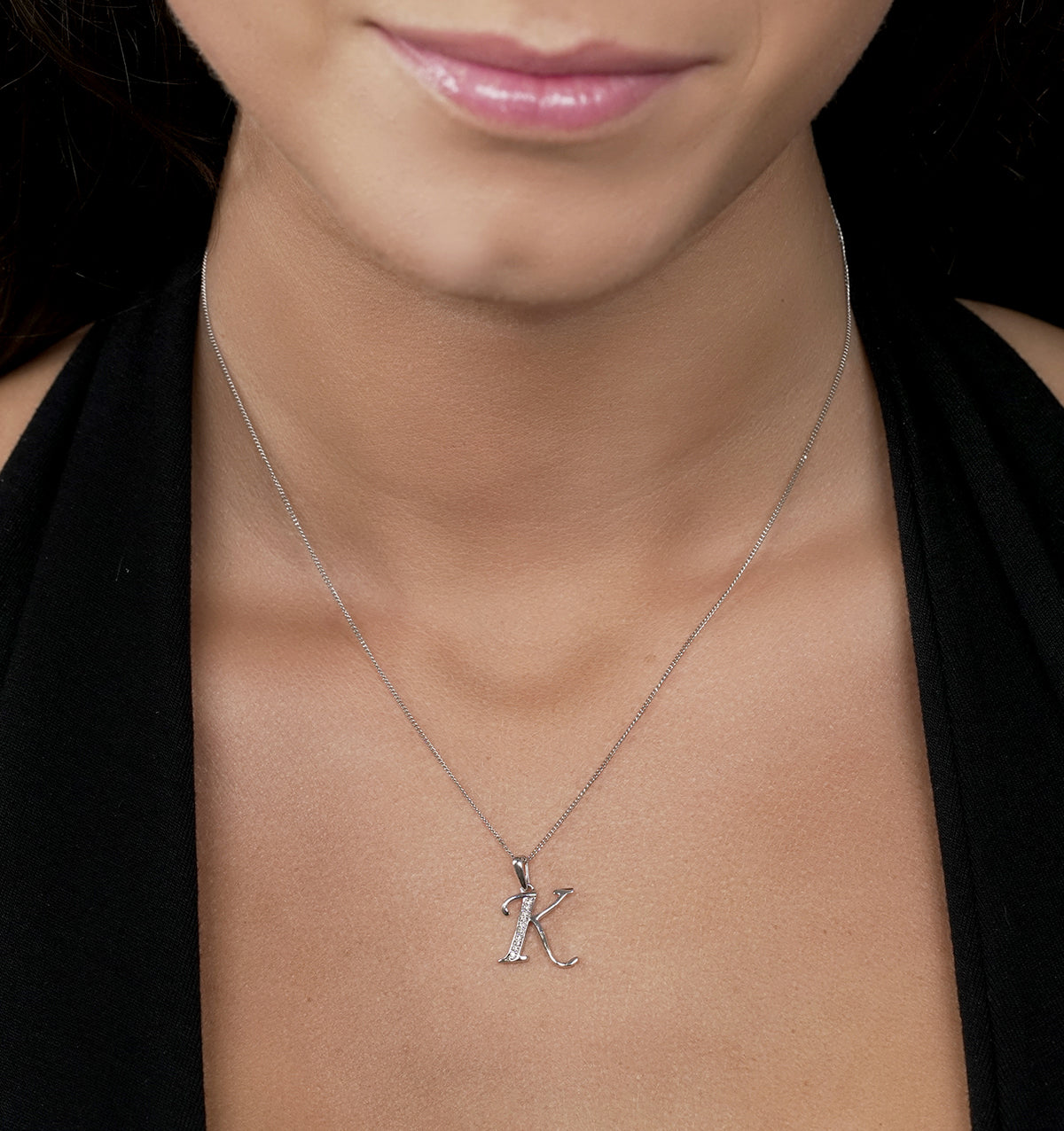 9K White Gold Diamond Initial 'K' Necklace 0.05ct